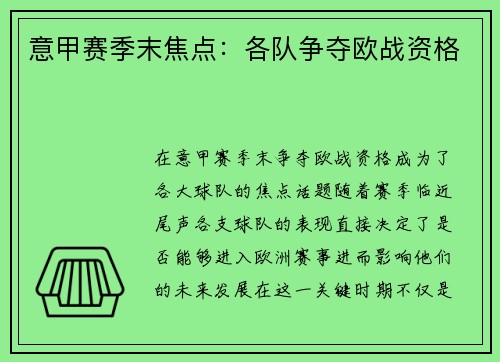意甲赛季末焦点：各队争夺欧战资格